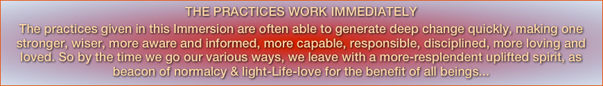 THE PRACTICES WORK IMMEDIATELY 
The practices given in this Immersion are often able to generate deep change quickly, making one stronger, wiser, more aware and informed, more capable, responsible, disciplined, more loving and loved. So by the time we go our various ways, we leave with a more-resplendent uplifted spirit, as beacon of normalcy & light-Life-love for the benefit of all beings...